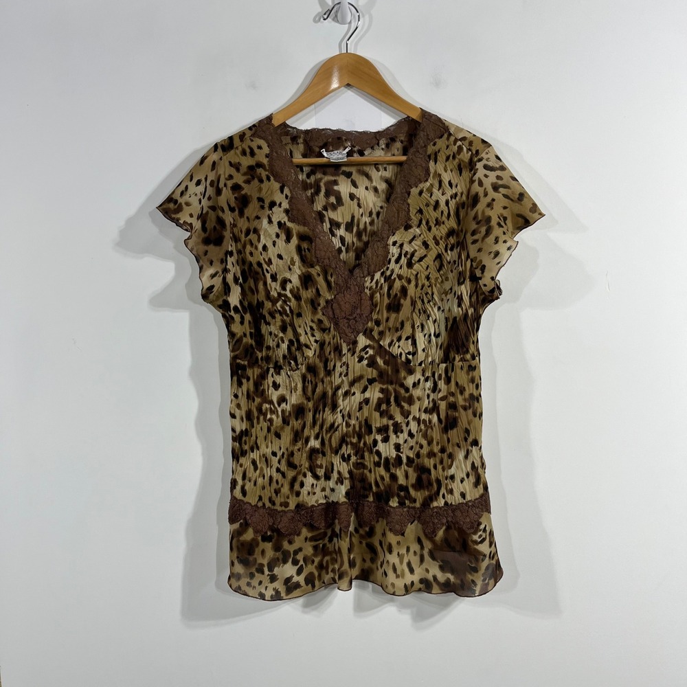 Allison Taylor Y2K Preppy Old Money Leopard Lace Trim Crinkle Top Brown‎ Size XL